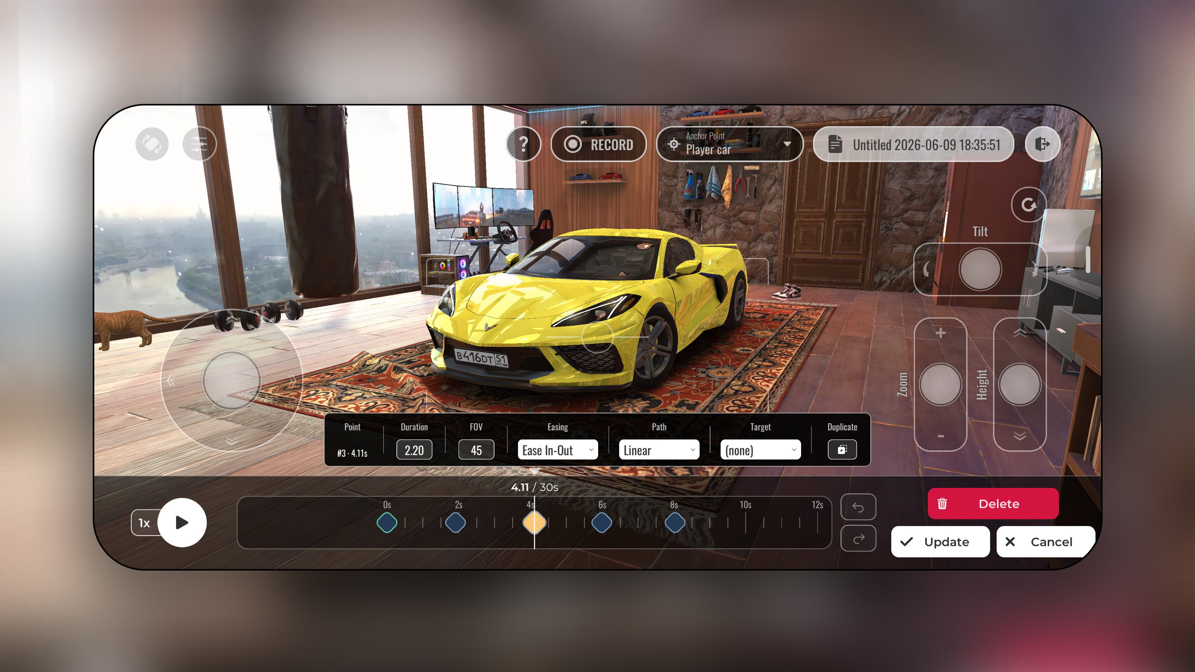Traffic Racer Open World Cinematic Studio in Drone Mode — recording a custom camera path around a yellow sports car with a keyframe timeline, FOV and easing controls
