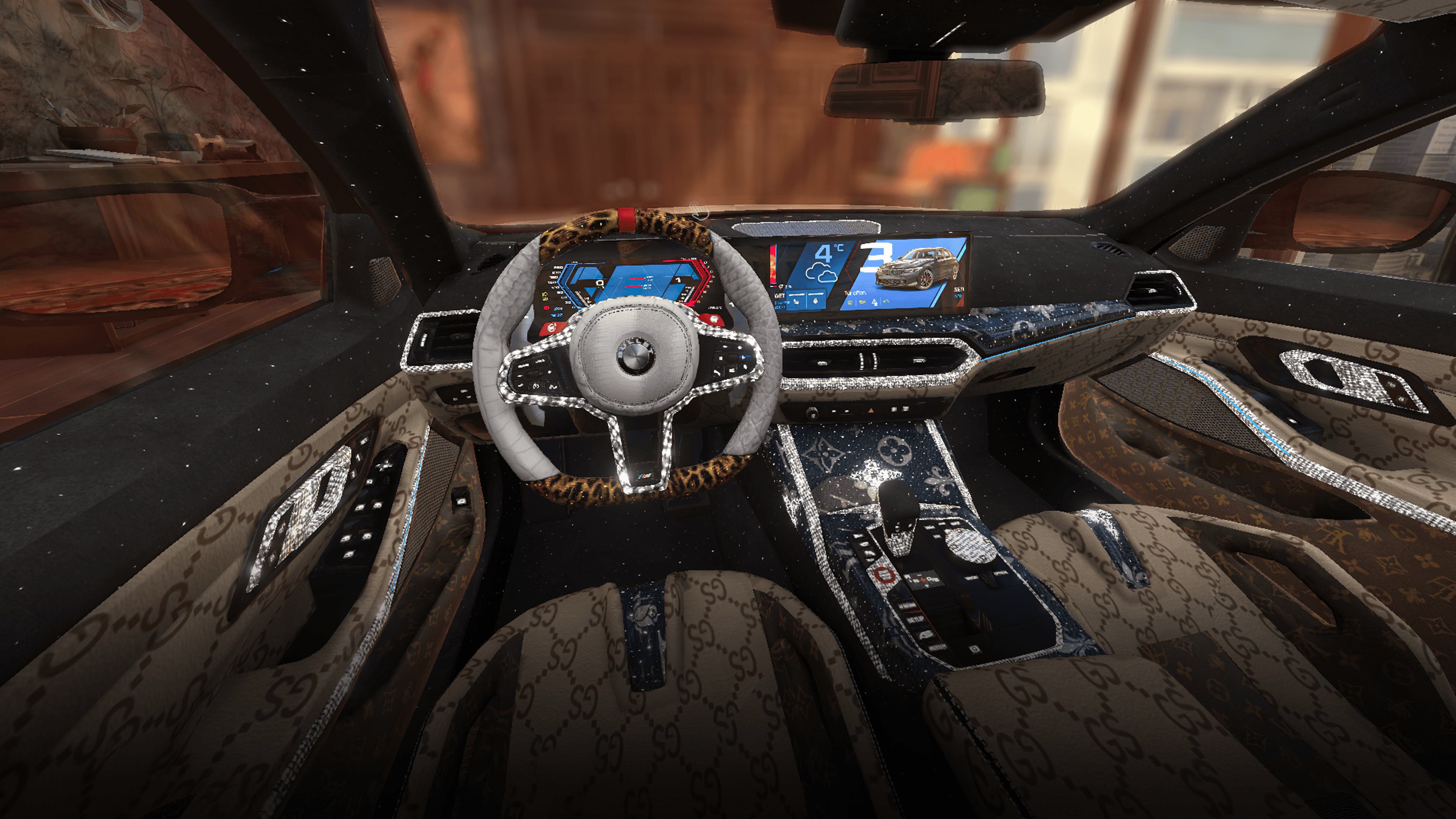 Traffic Racer Open World interior customization — a customized BMW cabin with a crystal-studded steering wheel, patterned luxury seats and a digital dashboard