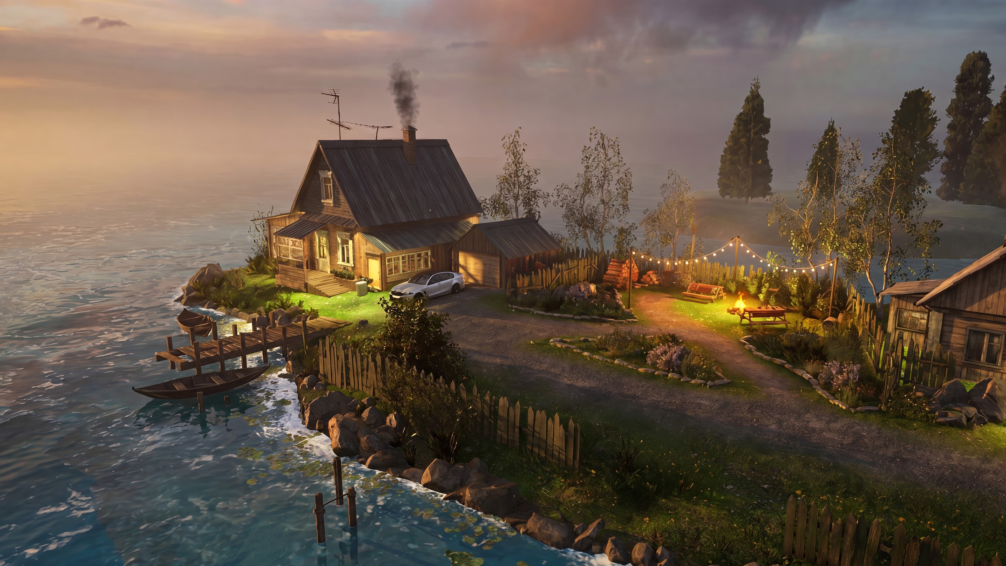 Traffic Racer Open World Sunset Island garage — an aerial view of a wooden island cottage at sunset with a car in the driveway, a jetty, a rowboat and a campfire