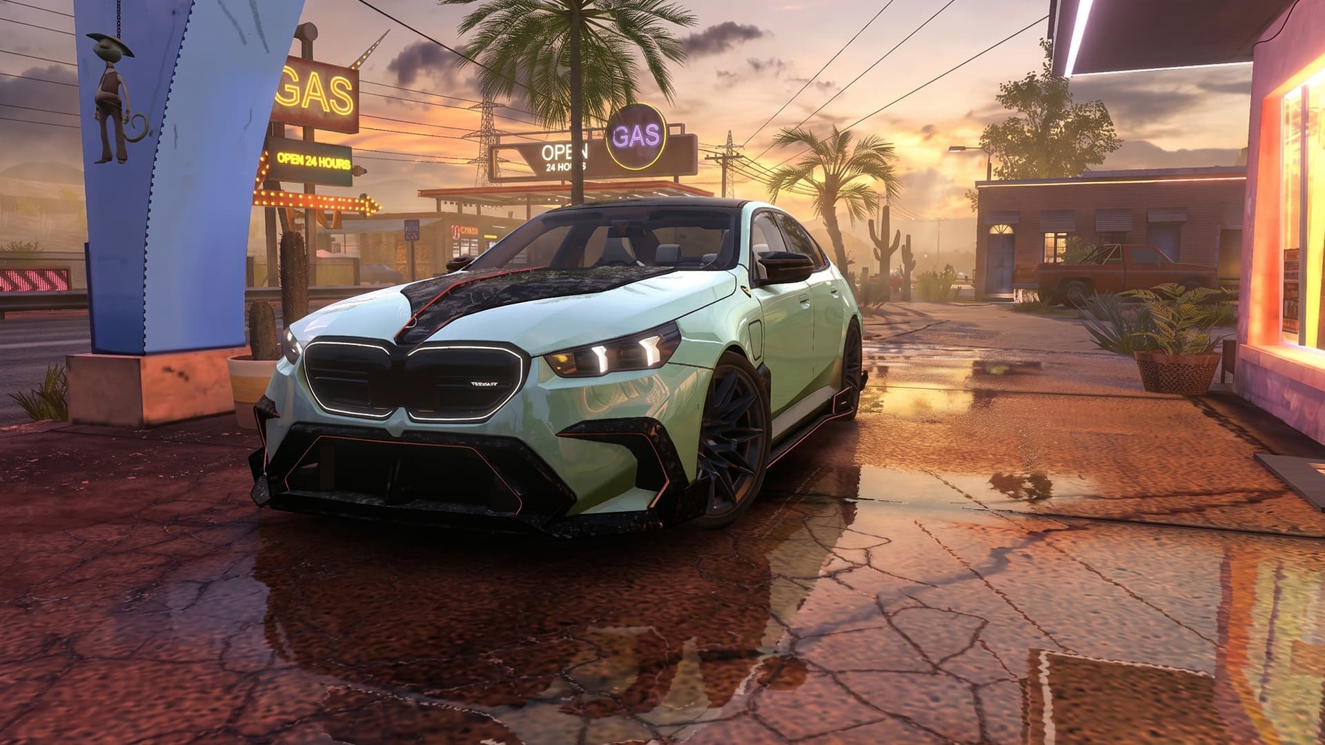 Traffic Racer Open World Bullet M5 G90 — a mint green widebody sedan with a black carbon hood parked on cracked desert asphalt at golden hour
