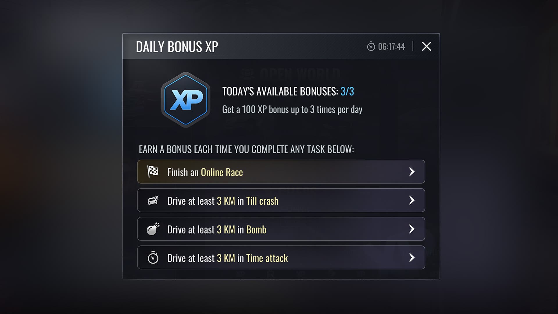 Traffic Racer Open World Daily Bonus XP screen — a daily rewards menu offering a 100 XP bonus up to 3 times per day for finishing an Online Race or driving 3 km in Till Crash, Bomb, or Time Attack