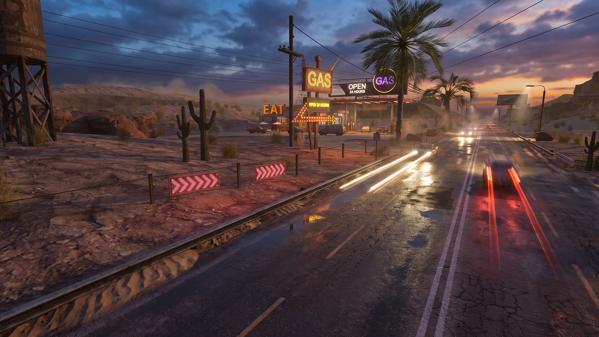 Traffic Racer Open World Desert Valley by night — neon GAS and EAT signs glowing over a wet desert road with light trails from passing traffic