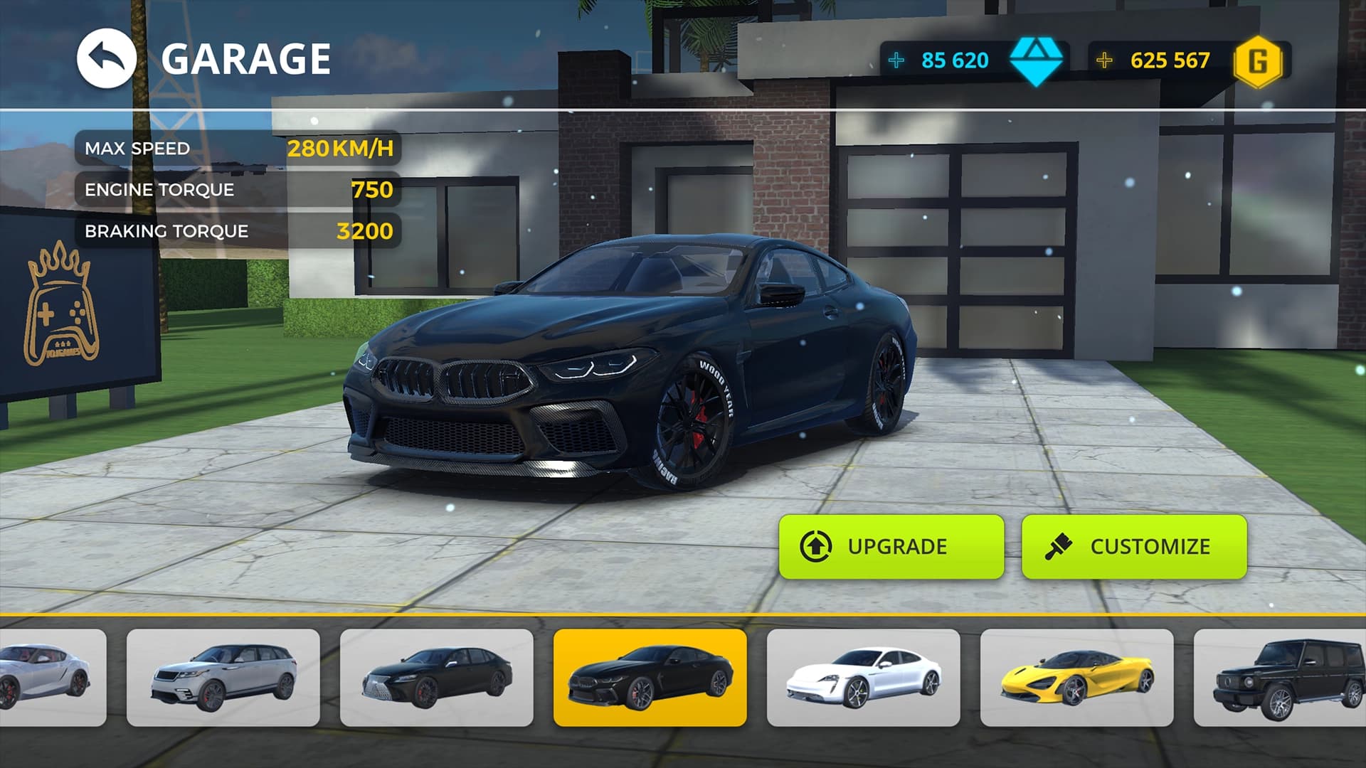 Traffic Racer Pro garage — black BMW M8 showing max speed, engine torque and braking torque stats, with upgrade and customize buttons