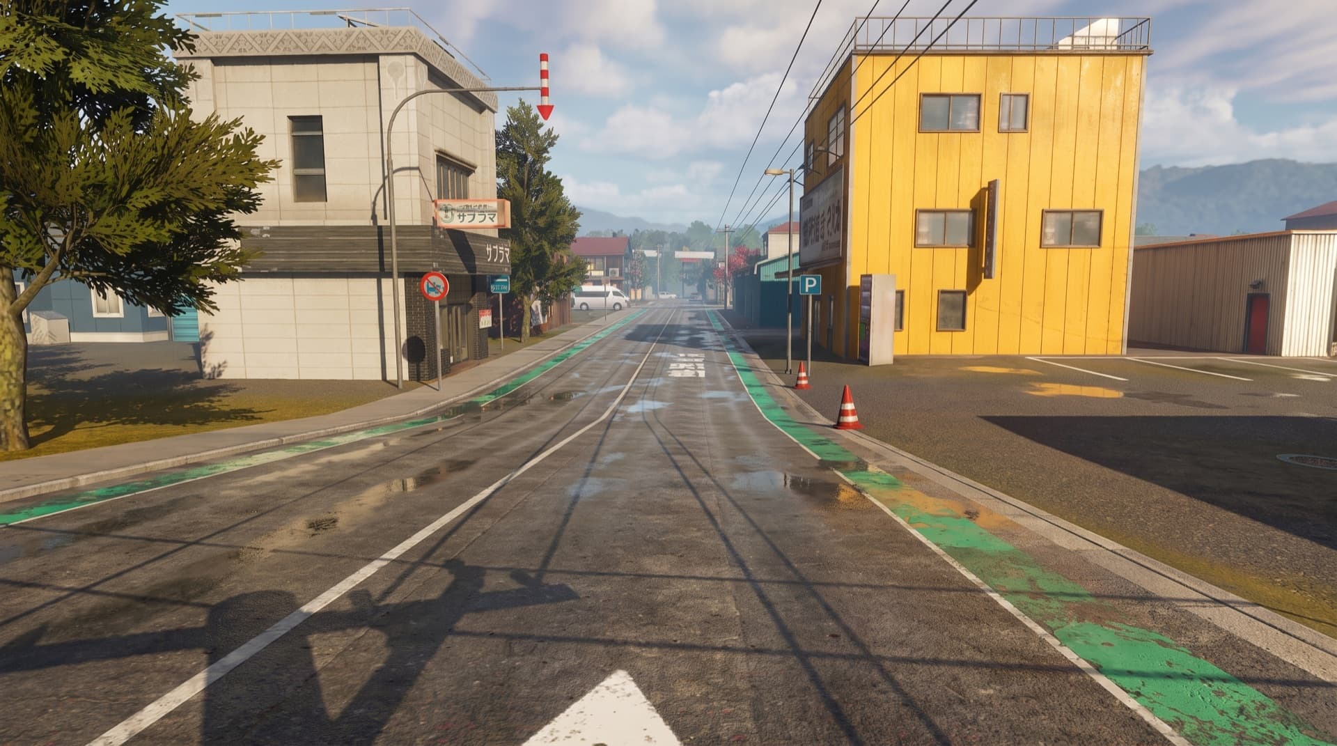 Traffic Racer Pro Drift Mansion — a wet town street with a yellow building, traffic cones and a green bike lane