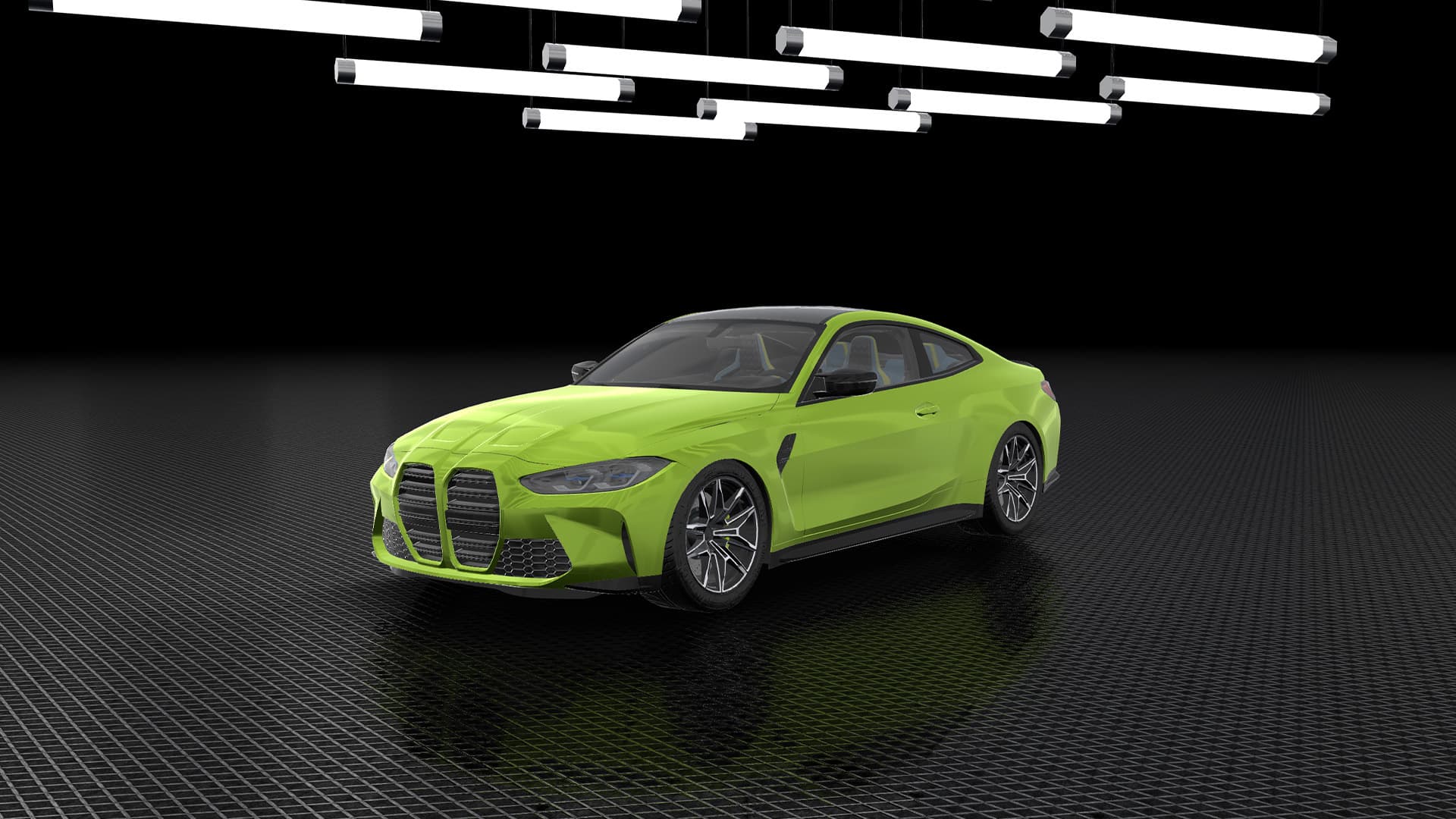 Traffic Racer Pro new car — a lime green sports coupe with a large front grille in a dark studio